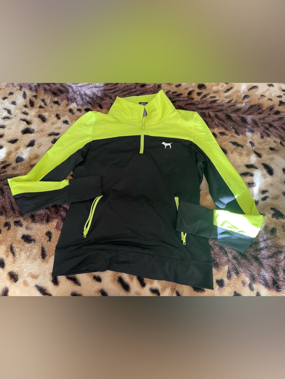 PINK Victoria's Secret Black & Neon Yellow Zip-Up Pullover